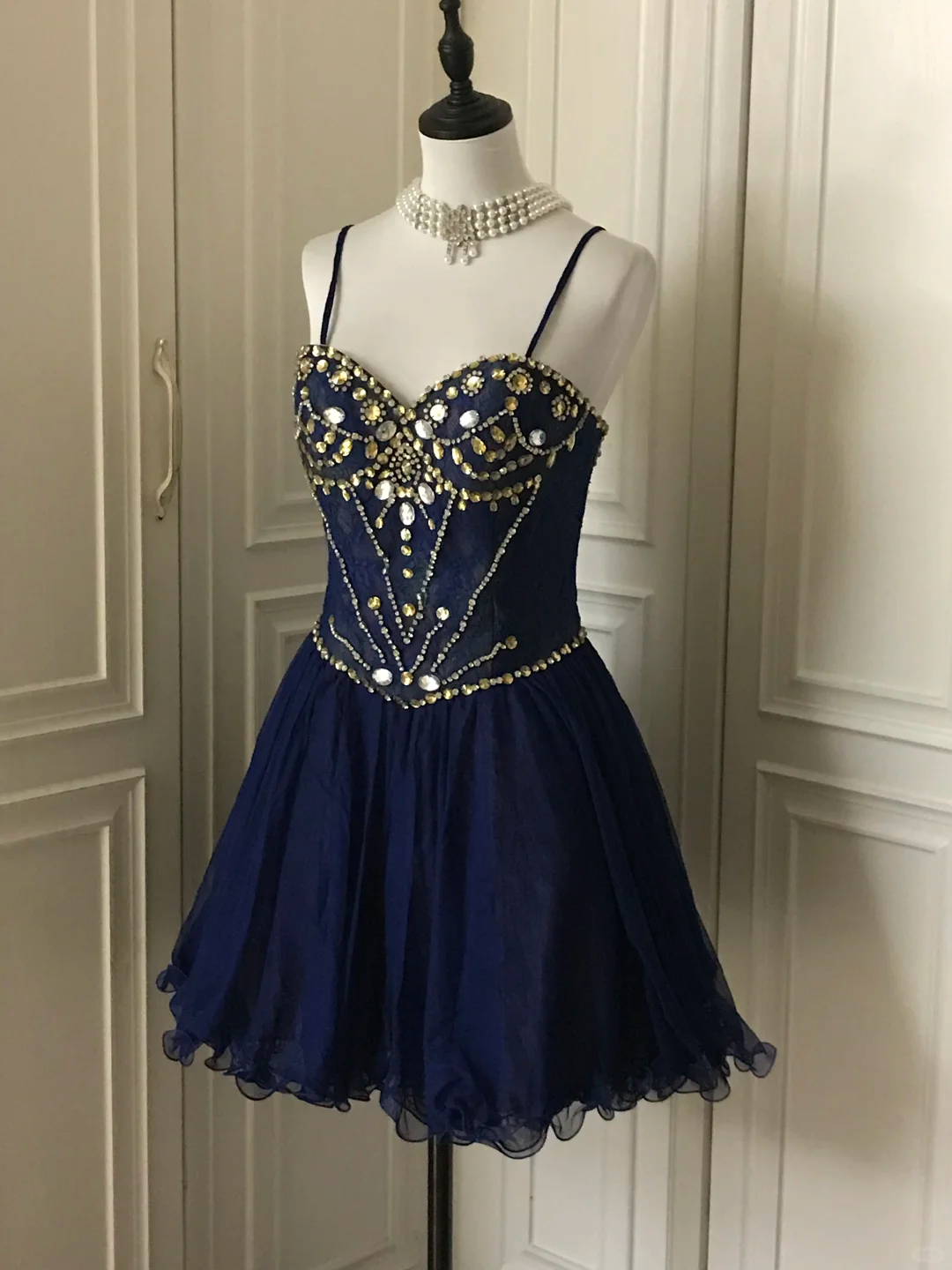 Vintage Spaghetti Straps Lace Beaded Cocktail Dress Navy Blue Homecoming Dress Birthday Outfits Y9056