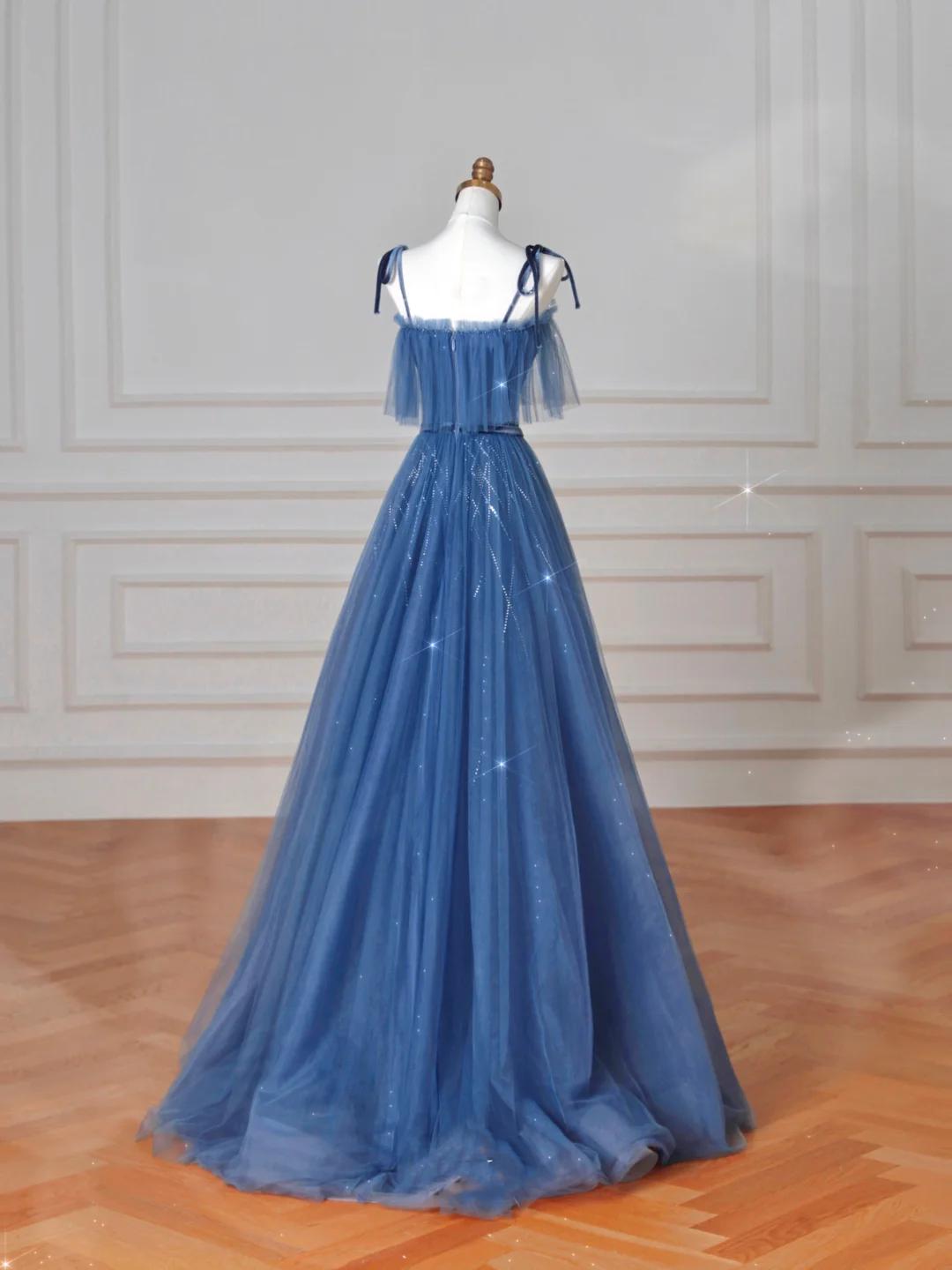 Pretty Blue Spaghetti Straps Tulle Sequins A Line Prom Dress Evening Dress Y8634