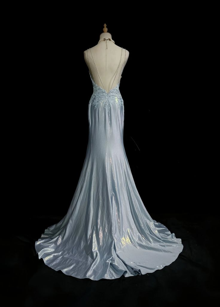 Elegant Blue Spaghetti Strap Prom Gown Pleated Backless Banquet Evening Dress Y8773