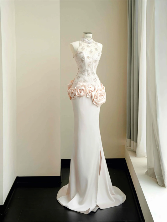 Elegant Light Pink Satin Lace Sequin Beaded Evening Dress,Slit Mermaid Prom Dress Y8672