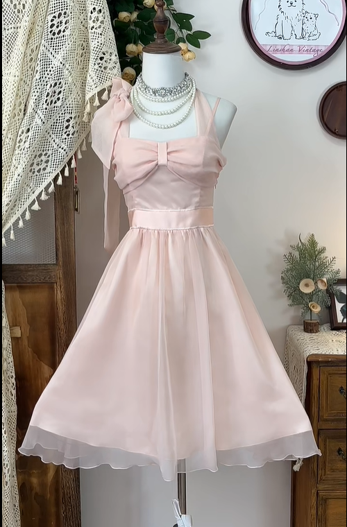 Elegant Pink Halter Chiffon A Line Homecoming Dress Birthday Outfits Y8892