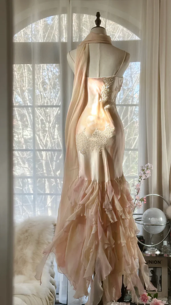 Sweet Mermaid Beaded Ruffles Long Prom Dress,Spaghetti Straps Chiffon Evening Dress Y8757