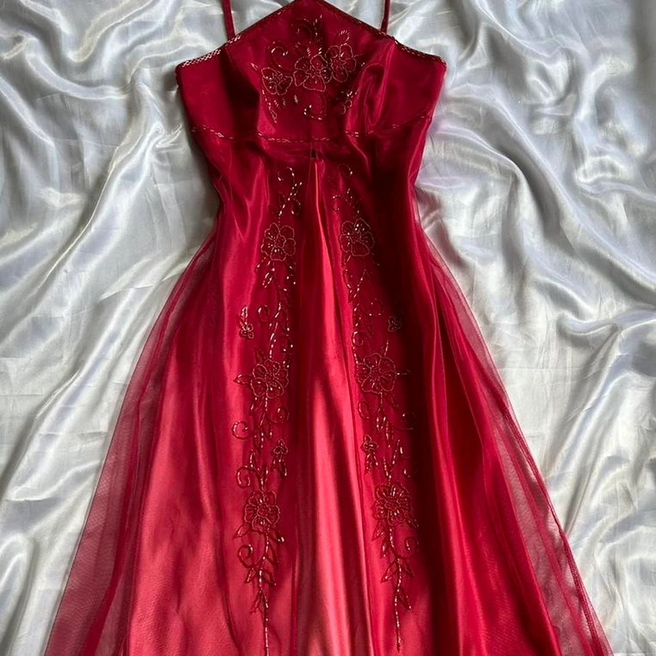 Beautiful Red Satin Tulle Beaded A Line Long Birthday Party Dress Evening Gown Y9746