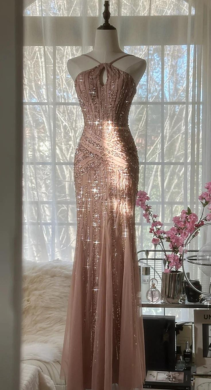 Glitter Blush Pink Spaghetti Straps Mermaid Tulle Sequin Prom Dress Party Dress Y8770