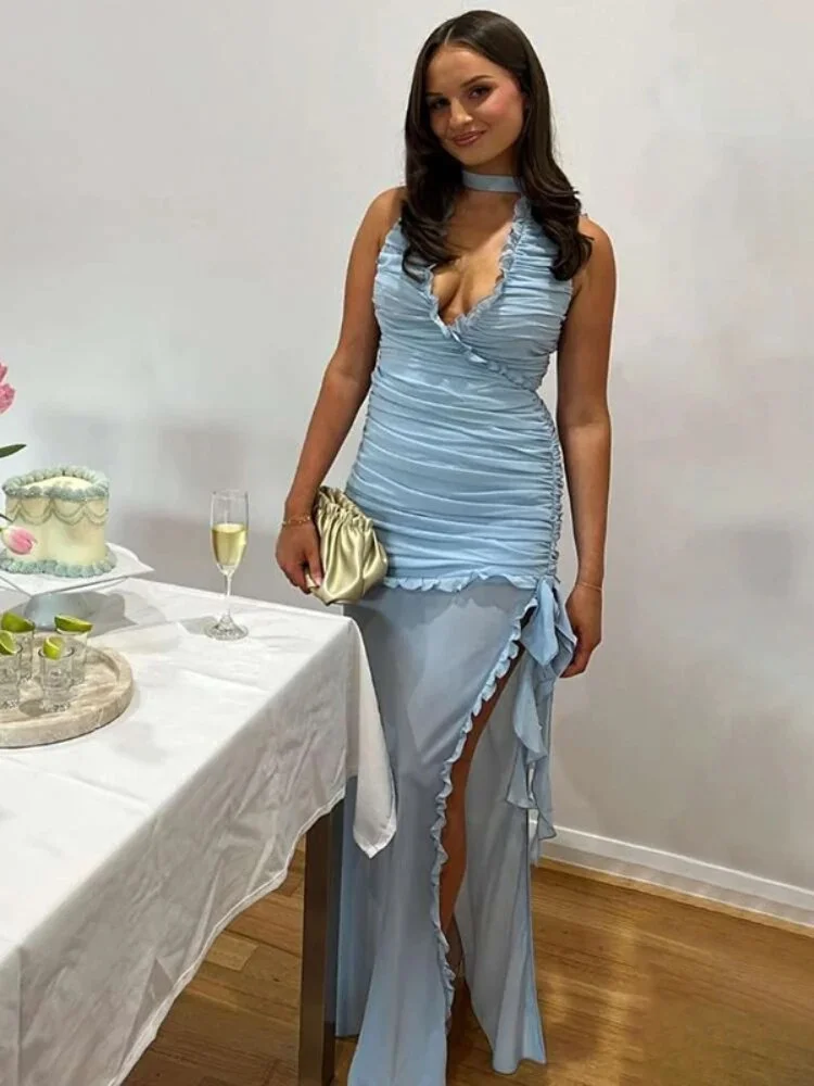 Deep V Neck Long Evening Dress,Sexy Blue Chiffon Ruffles Party Dress Prom Dress Y8702