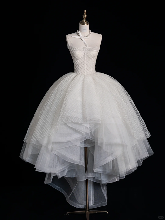 Classy White Strapless Organza Lace Hi-Low Formal Wedding Dress Bridal Dress Y9693