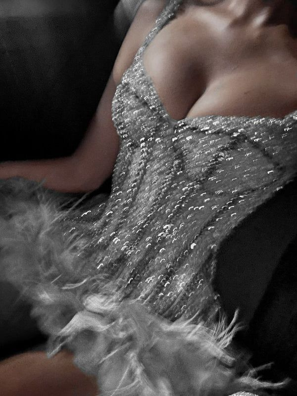 Gorgeous Spaghetti Straps Mint Green Sequin Beaded Feathers Sheath Cocktail Dress Formal Homecoming Dress Y9204