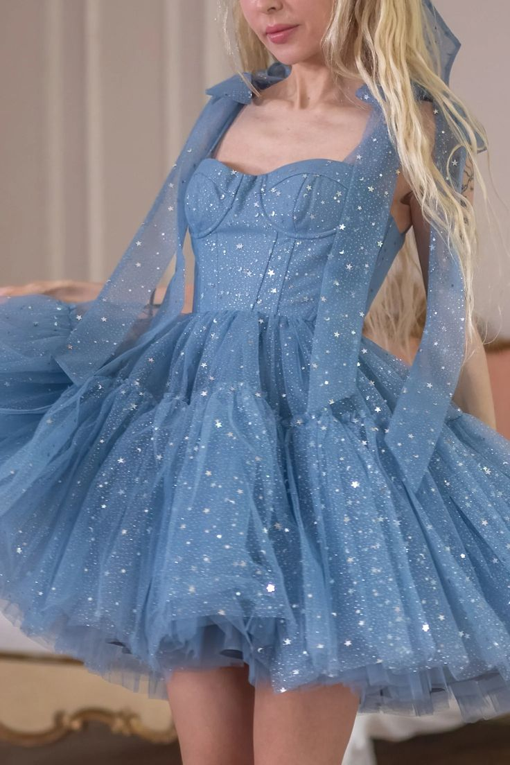 Sparkly Tulle Sequin Blue A Line Short Graduation Homecoming Dress 21st Birthday Outfits Y9888