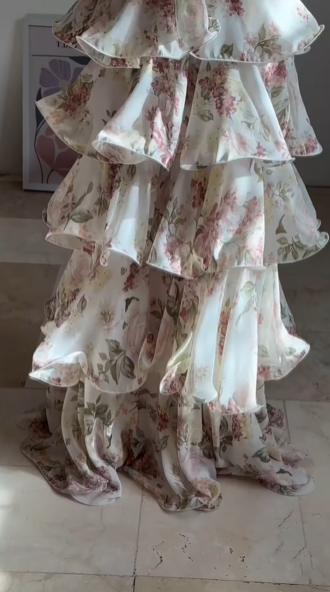 Glamorous Chiffon Print Floral A Line Backless Prom Dress,V Neck Halter Layered Evening Dress Y8501