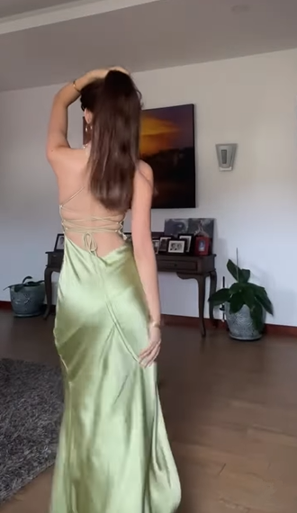 Simple Green Spaghetti Straps High Slit A Line Evening Dress Backless Prom Dress Y8433