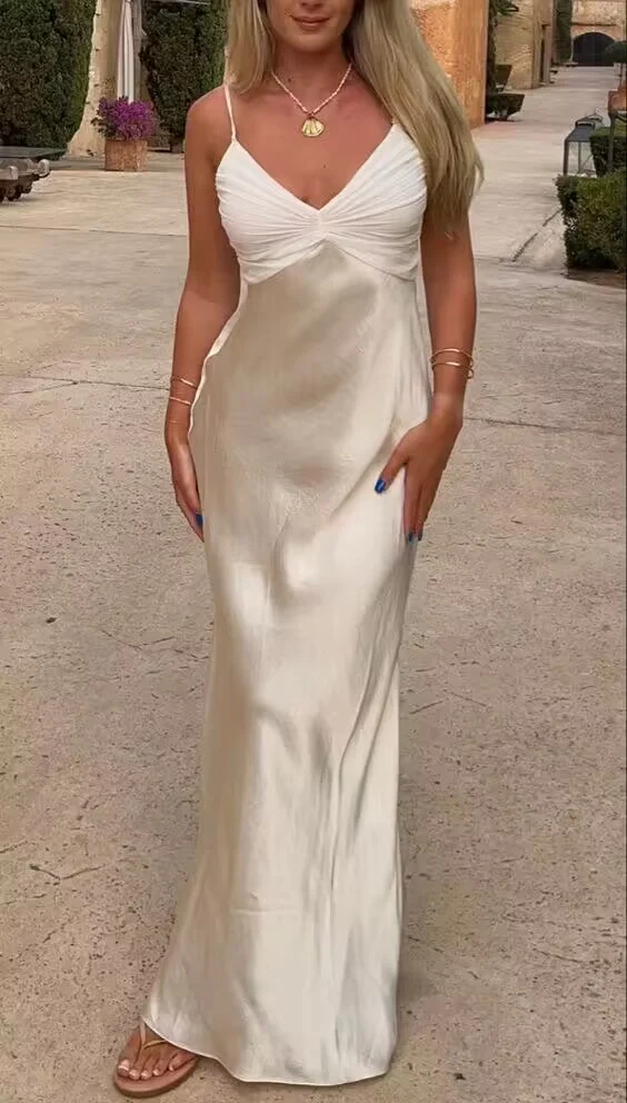 Romantic V Neck Spaghetti Straps Prom Dress,Wedding Guest Outfit Y7394