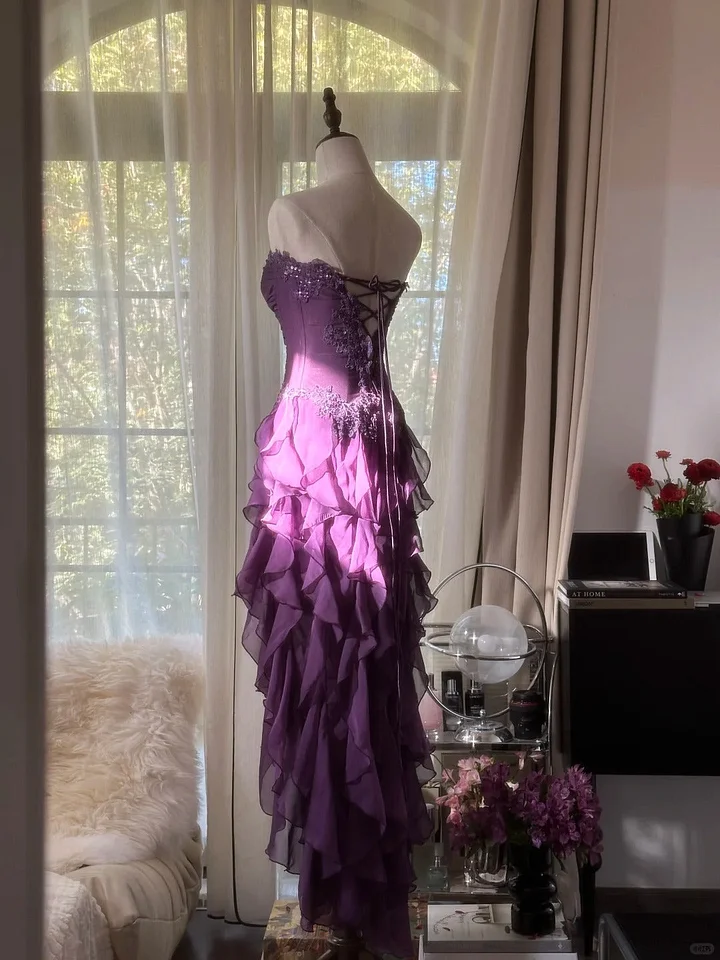 Pretty Purple Chiffon Evening Dresses, Vintage Appliques Tiered Ruffles Long Party Dress Y8697