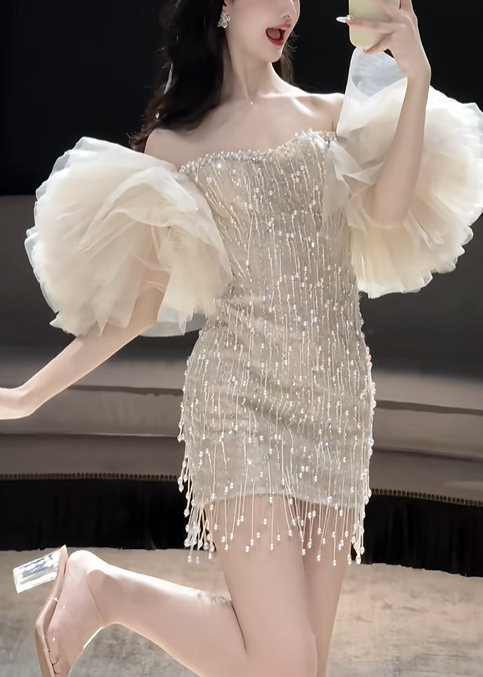 Elegant Strapless Off-White Sequin Beaded Sheath Short Graduation Homecoming Dress 18th Birthday Outfits Y9338