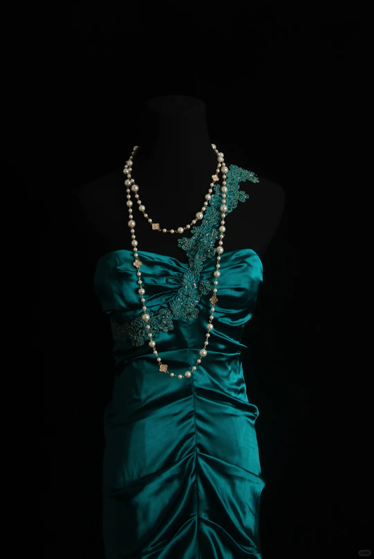 Vintage Green One Shoulder Satin Pleated Beaded Mermaid Long Evening Dress Formal Prom Gowns SP2089