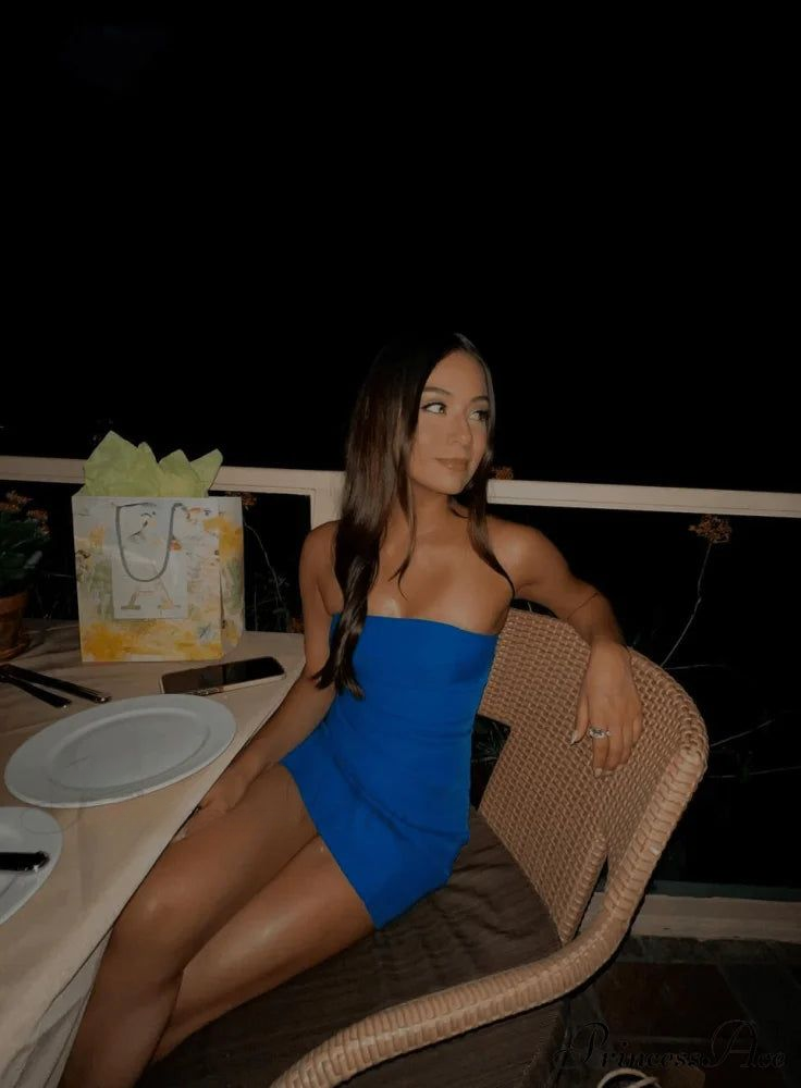Elegant Strapless Blue Sheath Short Homecoming Dress Sexy Cocktail Dress Birthday Outfits Y9378