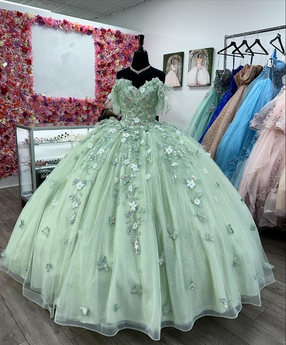 Sage Green Quinceanera Dresses With 3D Flowers Sweet 15 Birthday