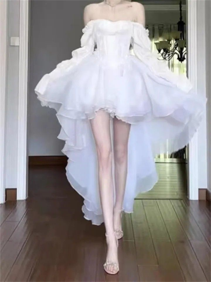 White Tea Break Dress, Romantic Prom Dress,Ruffle Corset Top, Graduation Dress, Flowy Princess Dress Y5384
