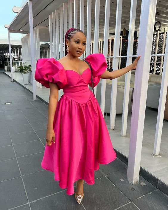 Vintage Hot Pink Satin Midi length Prom Dress Hot Pink Formal Gown