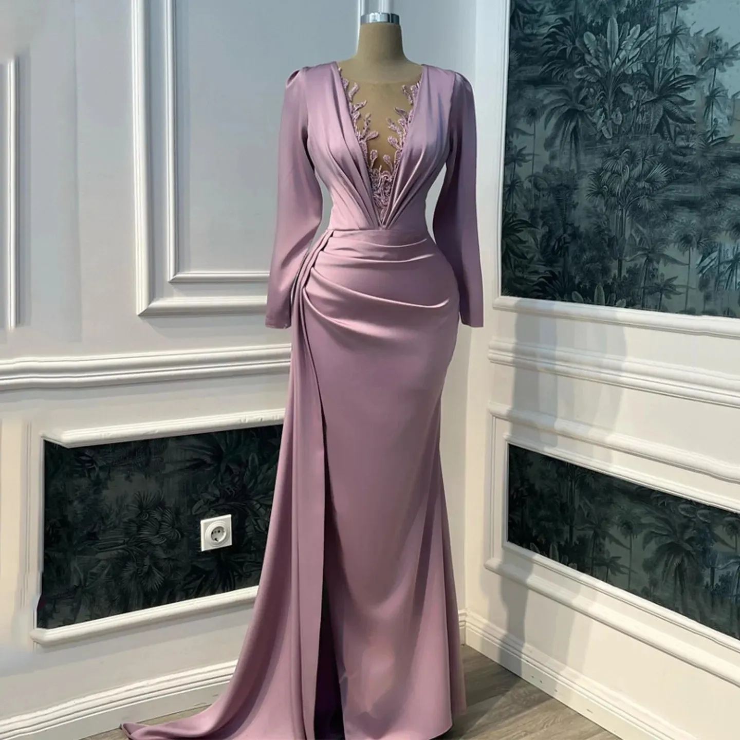 Vintage Purple Prom Dress Long Sleeve Illusion V-neck Mermaid Evening Dress Floor Length Y6647