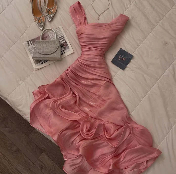 Pretty Sheath Pink Ruffles Long Prom Dresses Formal Evening Dress Y9314