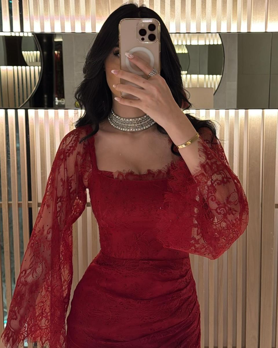 Sexy Square Neck Red Lace Mermaid Evening Dress Long Wedding Guest Dress SP1194