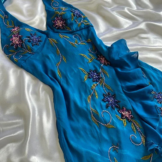 Pretty Halter Blue Chiffon Ruffle Mermaid Evening Dress Long Party Gown Y9745