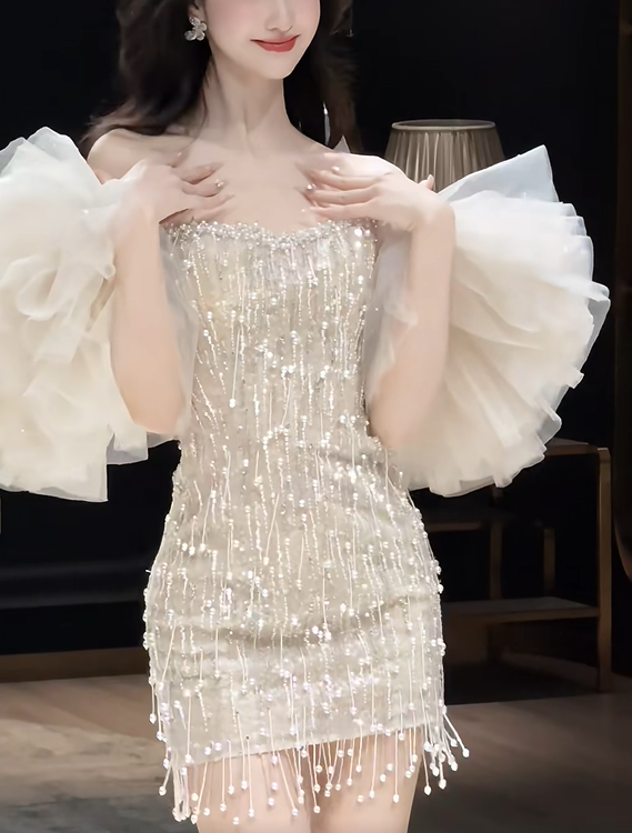 Elegant Strapless Off-White Sequin Beaded Sheath Short Graduation Homecoming Dress 18th Birthday Outfits Y9338
