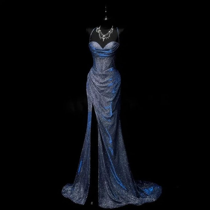 Classy Mermaid Spaghetti Straps Navy Blue Satin Long Evening Dress Prom Dress Y8768