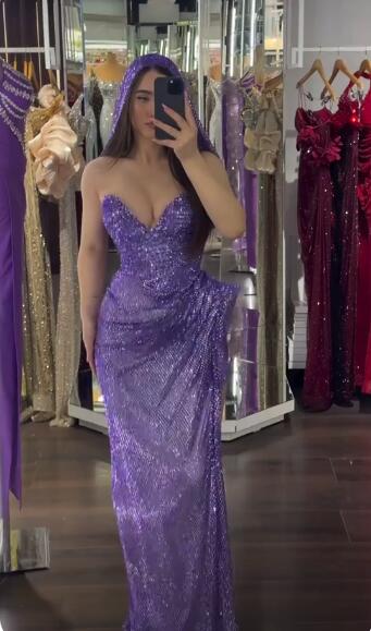 Glitter Sweetheart Neck Purple Sequin Pleated Long Evening Dress Prom Gown SP3762