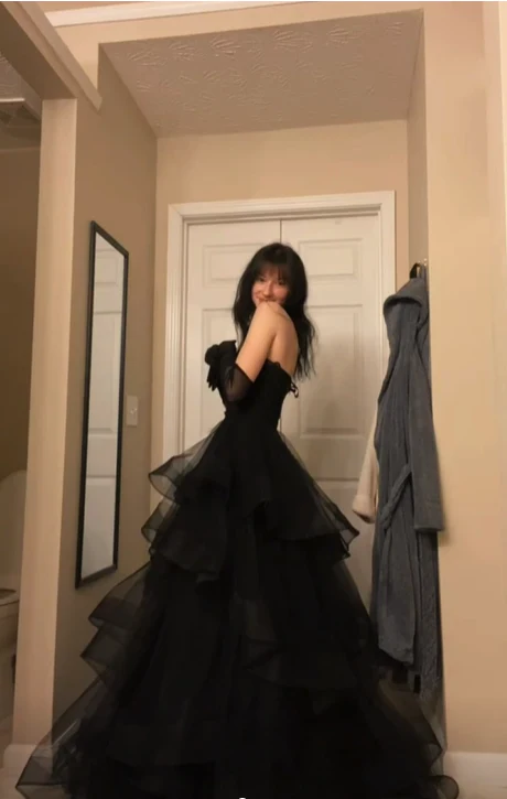 Sweetheart Black Rufflue Long Prom Evening Dress Y1624