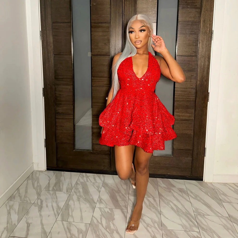 Red Sequin Tiered Homecoming Dress 18th Birthday Party Dress