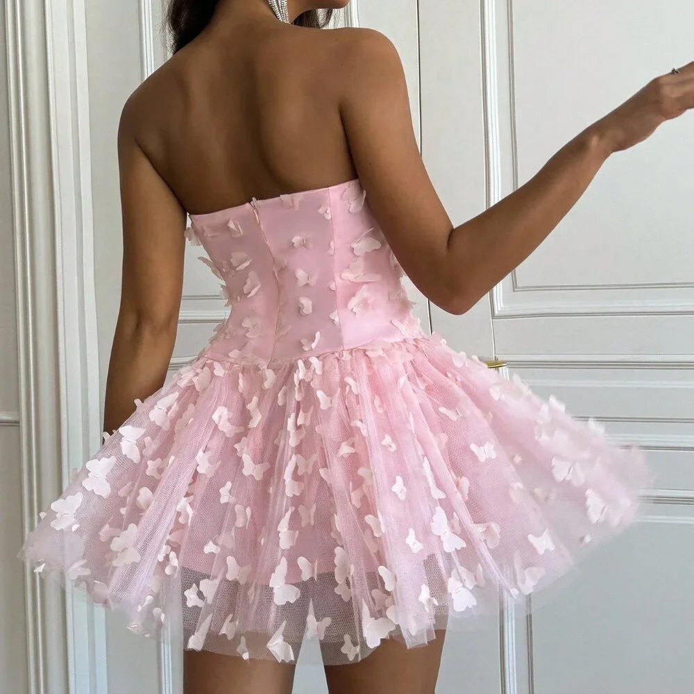 Sweet Pink Strapless Tulle Butterflies Appliques A Line Short Birthday Outfits,Formal Graduation Homecoming Dress SP2857