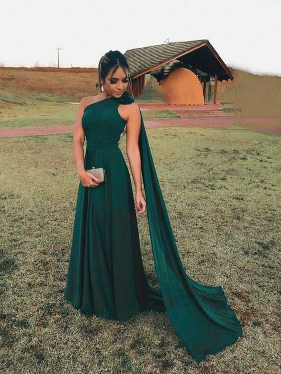Green Chiffon One Shoulder Evening Dress Y5774