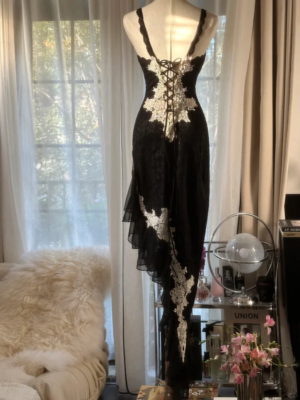 Sexy Sheath Spaghetti Strap Black Lace Appliques Party Dress Cocktail Dress Y8785