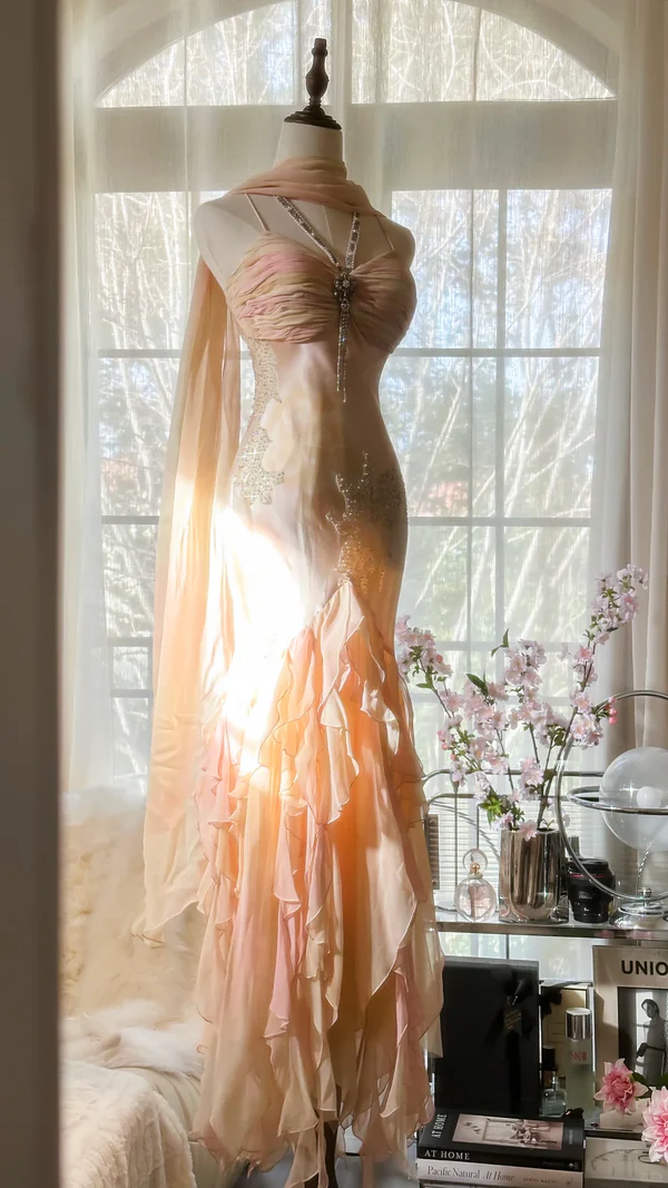 Sweet Mermaid Beaded Ruffles Long Prom Dress,Spaghetti Straps Chiffon Evening Dress Y8757