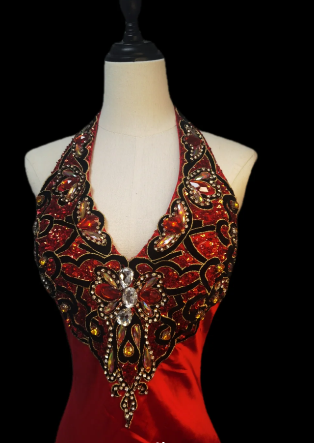 Vintage Halter Red Satin Beaded Mermaid Party Dress Formal Prom Gown SP595