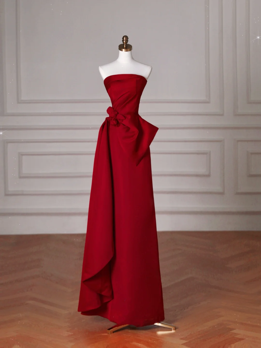 Elegant Red Satin Strapless Prom Dress,A Line Formal Evening Dress Y8624