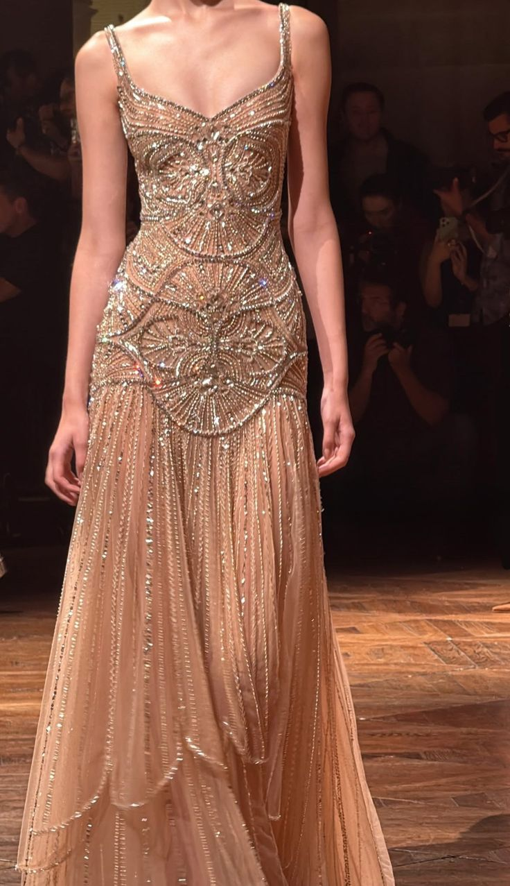 Luxurious Spaghetti Straps Champagne Tulle Beaded Mermaid Evening Dres –  Simplepromdress