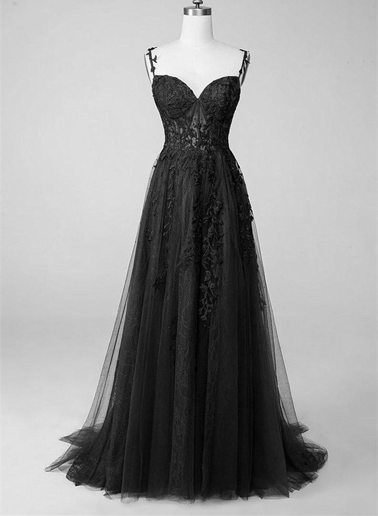 Black Tulle With Lace Straps A-line Prom Dress, Black Long Party Dress Simplepromdress Black Tulle With Lace Straps A-line Prom Dress, Black Long Party Dress Simplepromdress