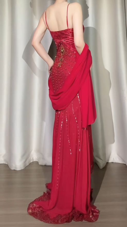 Charming Spaghetti Straps V Neck Chiffon Beaded Mermaid Party Dress Red Birthday Prom Gowns SP1755