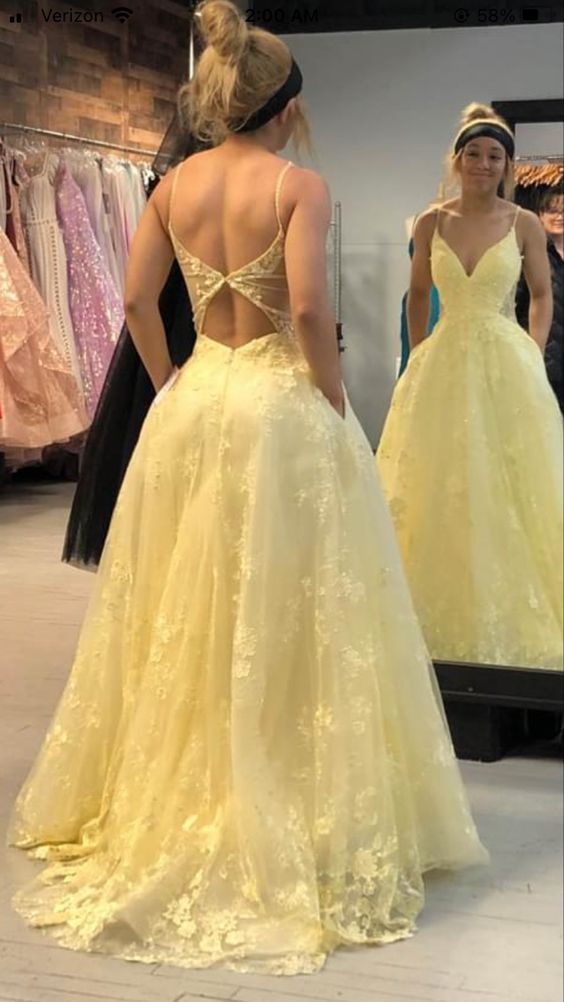 Yellow Lace Prom Dress Long Formal Dress Dance Dresses