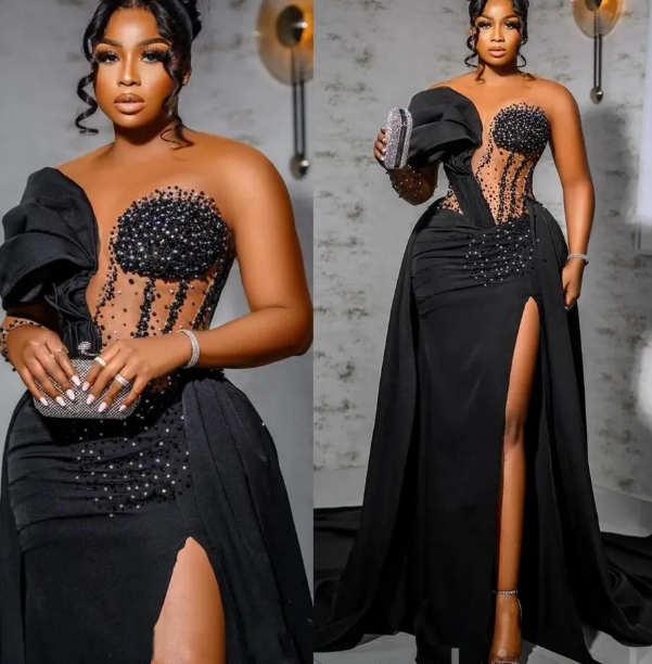 dresses women black vertical stripe Chic Mermaid African Black Prom Dress Evening Dress Y6677 – Simplepromdress