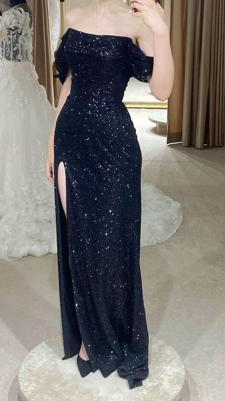 Elegant Off The Shoulder Navy Blue Sequin High Slit Long Evening Dress Simplepromdress Elegant Off The Shoulder Navy Blue Sequin High Slit Long Evening Dress Simplepromdress