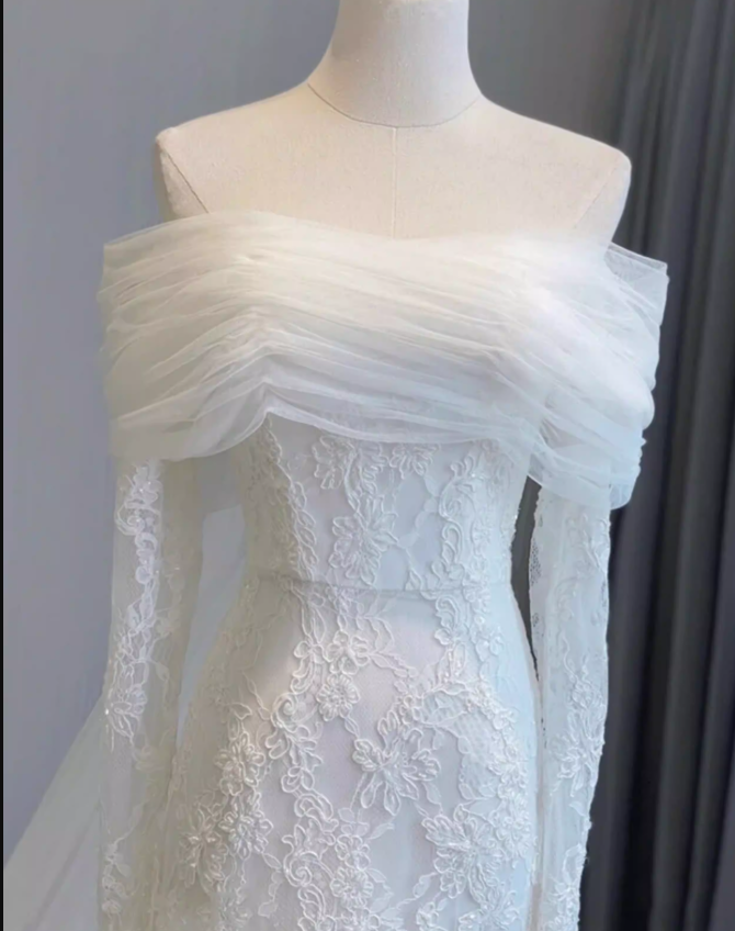 Gorgeous Off The Shoulder Tulle Lace Mermaid Long Wedding Dress White Bridal Dresses SP2022