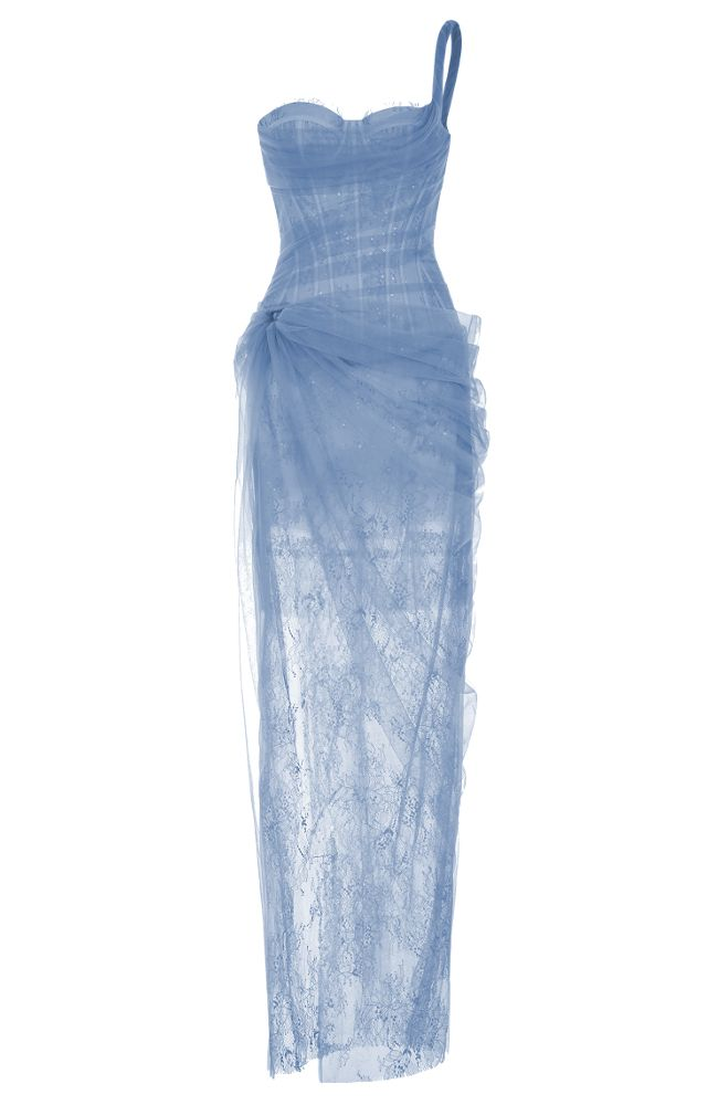 Elegant One Shoulder Lace Corset Long Prom Dress Blue Party Dress Y8774