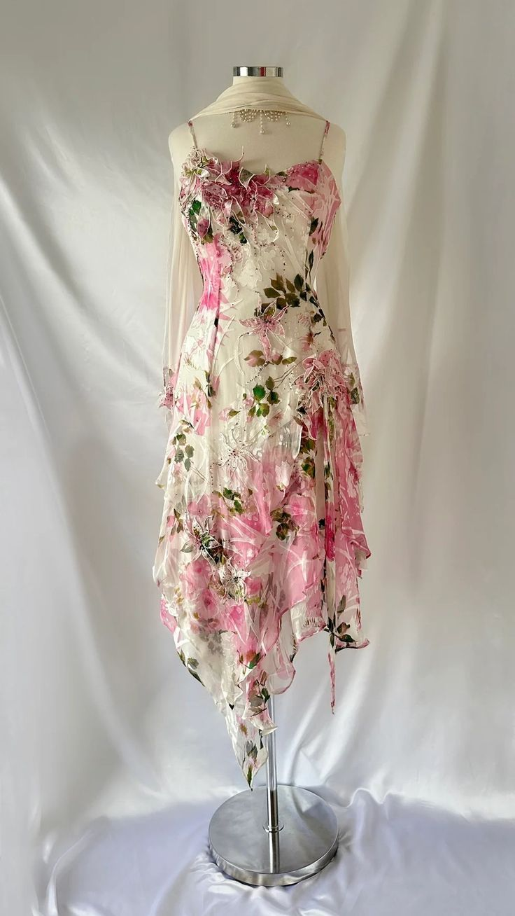 Gorgeous Pink Chiffon Print Floral Tiered Evening Dress Pretty Prom Dress Y7760