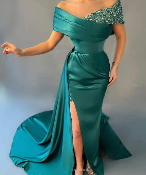 Elegant Green Off The Shoulder Satin Sequins Prom Dress,Long Slit Mermaid Evening Dress Y8527