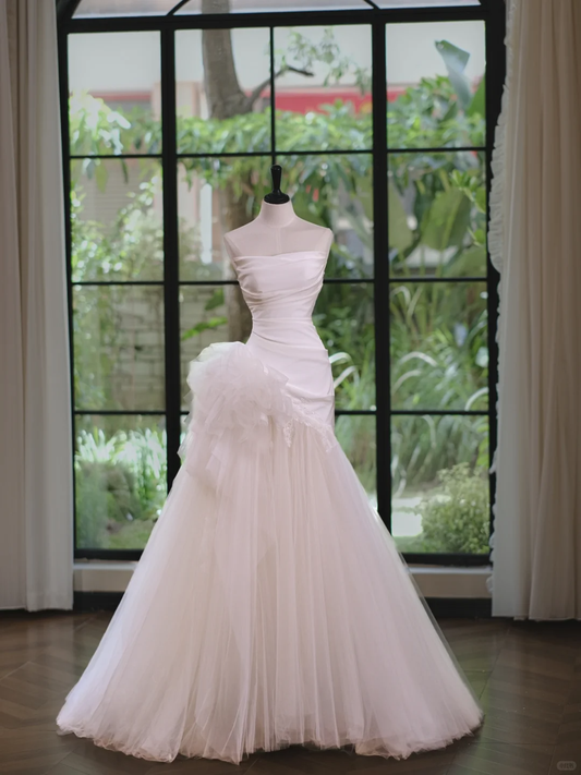 Classy Strapless White Satin Tulle Mermaid Wedding Dress Long Bridal Dress Y9112