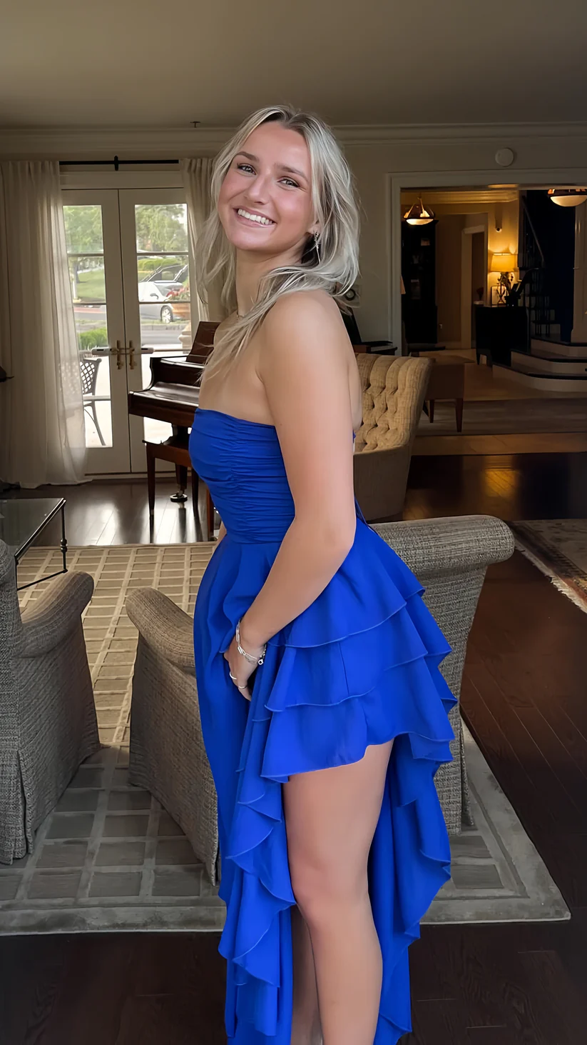 Sexy Royal Blue Long Prom Dress, Strapless Ruffle Layered Party Evening Gown Y8026