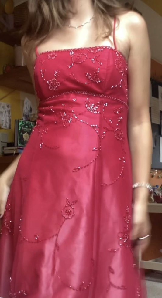 Pretty Spaghetti Straps Pink Satin Tulle Beaded A Line Long Party Dress Birthday Prom Dress SP2138